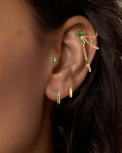7Pcs Earring Stacks Cartilage Helix Flat Back Hoop Set For Women Stud Small Huggie Chain Multiple Piercing 14K Gold Plated Jewelry Triple Cubic Zirconia - color: 14K Gold Plated (Emerald), size: Flat Back