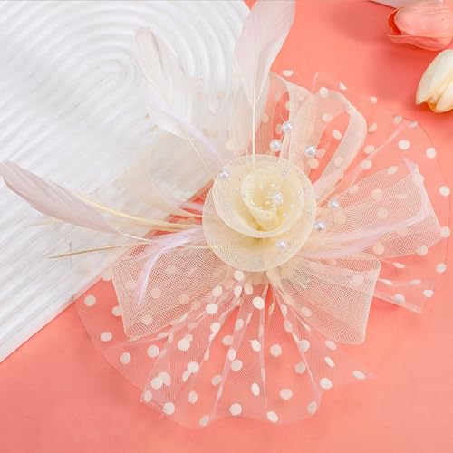 Fascinators Hat Pearl Earrings Necklace Bracelets Gloves 1920s Headband Hair Clips Women Flower Mesh Feather Headpiece Headwear Halloween Carnival Cocktail Wedding Tea Party Accessories Beige - color: Beige