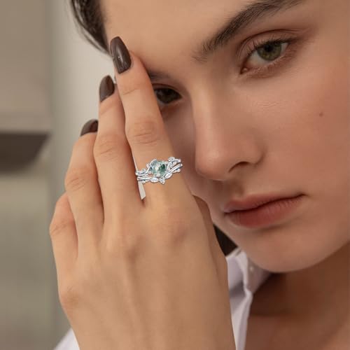 Natural Moss Agate Ring for Women 925 Sterling Silver Pear/Oval/Kite/Heart/Hexagon/Emerald/Coffin Cut Green Leaf Moss Agate Engagement Ring Promise Bridal Set Anniversary Birthday Jewelry Gifts - color: Round Cut Moss Agate