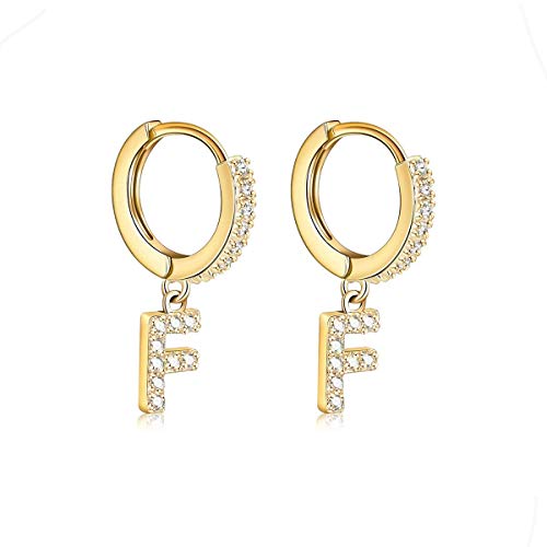 14K Gold Plated Cubic Zirconia Initial Earrings Delicate Small Hoop Earrings Hypoallergenic Letter Earrings for Women - style: F