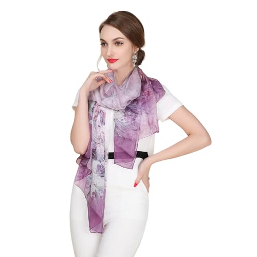 100% Mulberry Silk Women's Neck Silk Scarf-Lightweight Shawl,FLoral Print Beach Silk Wrap-Scarves for Photography - color: Purple Lily