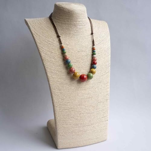Boho Round Colorful Ceramic Beaded Necklace, Adjustable Hippie Statement Necklace, Handmade Ethnic Jewelry Gift for Women - color: Colorful