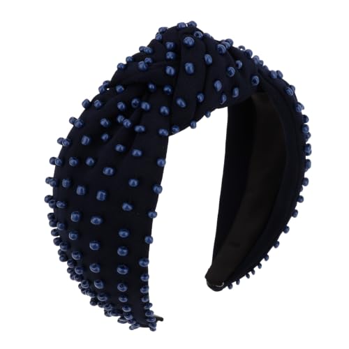 YISSION Navy Blue Dense Beaded Knotted Headband for Women, Wide Padded Top Knot Headband, Non Slip Comfortable Fashion Hairband for Daily Wear, Party, Wedding - color: Navy Blue