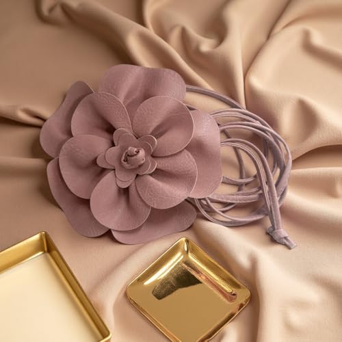 Boho Big Flower PU Leather Waist Belt Chain for Women Rose Floral Camellia Long Tassel Adjustable Waist Band Jewelry - color: Pink