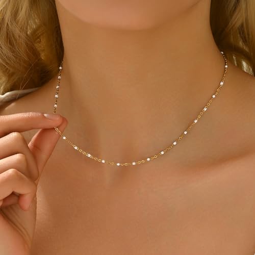 NONAMOIS Gold Chain Necklace for Women Dainty 18K Gold Plated Thin Satellite Beaded Turquoise Necklace Simple Layered Boho Jewelry Christmas Gifts - color: White Beads-Gold