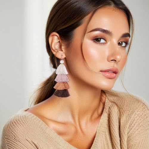 Clip on Earrings, Lightweight Colorful Layered Tassel Bohemian Statement Tiered Big Dangle Drop Earrings for Women, Non Pierced, Boho Jewelry - color: Brown