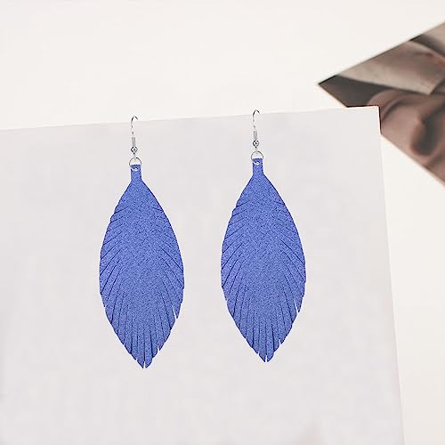 Large Genuine Soft leaf Leather Handmade Fringe Tassel Feather Lightweight Tear Drop Dangle Color Earrings for Women - color: Blue