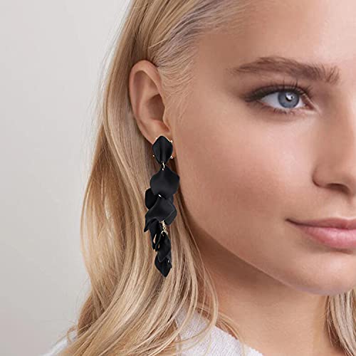 Long Acrylic Rose Petal Earrings Dangle Exaggerated Flower Earrings Drop Statement Floral Tassel Earrings for Women - color: Long Acrylic Rose Petal Earrings-Black