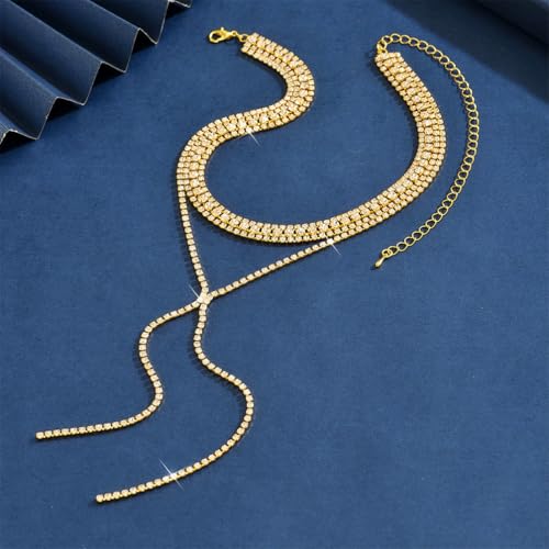 Statement Layered Sparkly Crystal Choker Black Long Tassel Y Necklace for Women, Dainty Multilayer Silver Bling Rhinestone Necklaces Prom Jewelry Gift - color: Gold