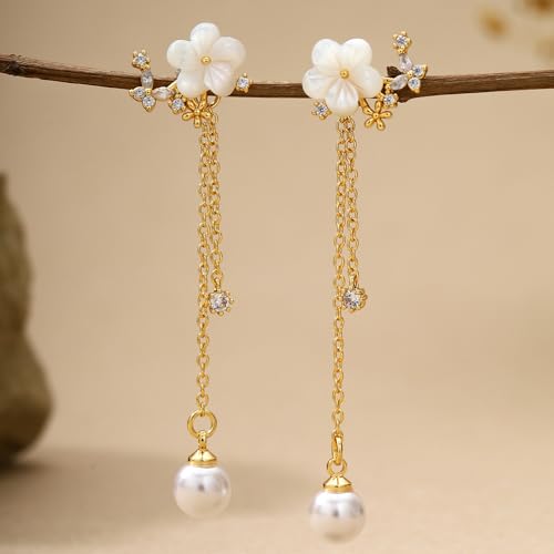 Pearl Earrings for Women Dainty Diamond Pearl Drop Earrings 14k Gold Plated Dangle Earrings for Women Weddings Gifts Bridesmaid Gifts - color: E-gold pearl earrings