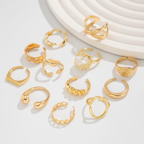Chunky Gold Rings for Women Non Tarnish Silver Chunky Rings Set Adjustable Thick Statement Ring Gold Stackable Ring for Women Trendy Fashion Silver Jewelry - style: Style1