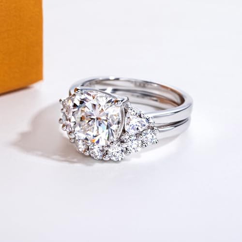 Oval/Pear/Cushion Cut Moissanite Wedding Ring Set D Color VVS1 Clarity 925 Sterling Silver Engagement Promise Anniversary Rings Bridal Sets for Women with Certificate - style: 4.14cttw Cushion Cut