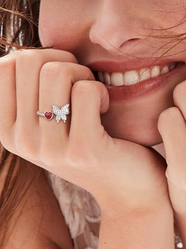 Bestyle 925 Sterling Silver Butterfly Ring Hypoallergnic Adjustable Birthstone Rings for Women Butterfly Jewelry Gifts for Anniversary Mothers' Day Birthday - color: 01.January (Garnet)