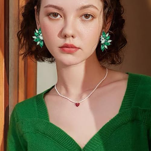 Bohemian Statement Sparkly Colourful Fancy Rhinestone Crystal Flower Dangle Drop Stud Earrings Vintage Wedding Bridal Prom Earrings for Women - color: Light Green