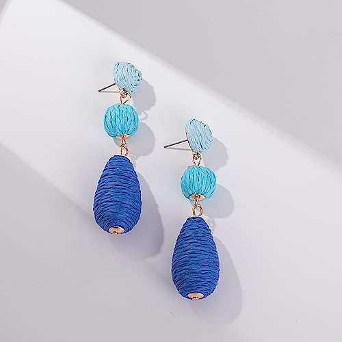 Boho Raffia Earrings Statement Dangle Earrings Cute Teardrop Ball Earrings Colorful Summer Jewelry Handmade Rattan Earrings for Women - color: 3Blue