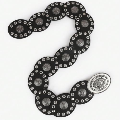 Wide Western Cowboy Disc Belt for Woman Concho PU Leather Belts for Ladies Boho Country Waist Belts for Dress Jeans - color: Black-silver Buckle