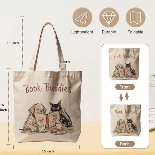Canvas Tote Bag with Zipper for Women, Aesthetic Tote Bag with Pocket for Vacation, Shopping, Travel, Beach - style: Book Buddies