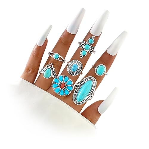 Bohemian Joint Knuckle Rings Set for Women,Vintage Boho Turquoise Stackable Rings Chunky Retro Turquoise Midi Finger Ring Statement Western Jewelry - style: Style C