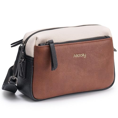 Alldaily Small Triple Zip Crossbody Purse for Women, Vegan Leather Phone Bag with Wide Shoulder Strap - color: Brown & Black & White