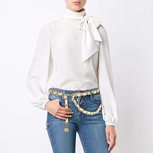 YooAi Chain Belts Leather Waist Belt for Women Layered Metal Chain Belt - size: XS/S: fits waist from 26"-30", style: White