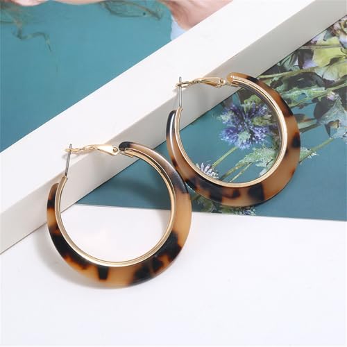 Boho Acrylic Hoop Earrings Bohemian Statement Colorful Acetate Lucite Tortoise Shell Resin Geometric Big Lightweight C Open Hoops Earrings for Women Prom Party Holiday Fashion Jewerly Gifts - color: Gold leopard