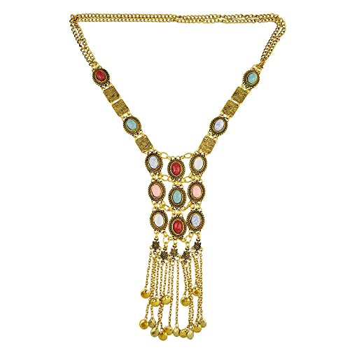 Asphire Bohemian Long Tassel Necklace Vintage Colorful Gemstone Turquoise Necklace Nepal Tibetan Ethnic Exaggerated Statement Accessories for Women and Girls - color: Gold