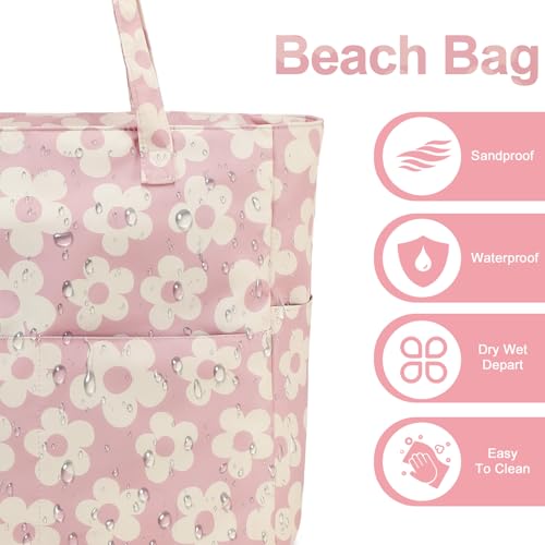Bluboon Waterproof Beach Tote Pool Bags for Women Ladies Extra Large Carry On Bag With Wet Compartment for Weekender Travel - color: Beige Flowers