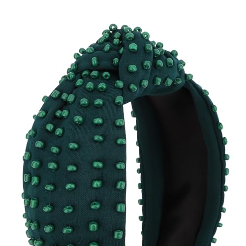 YISSION Emerald Dark Green Dense Beaded Knotted Headband for Women, Wide Padded Top Knot Headband, Non Slip Comfortable Fashion Hairband for Daily Wear, Party, Wedding - color: Dark Green