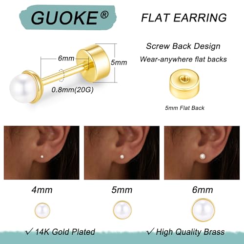 3 Pair Tiny Flat Back Earrings for Women - 14K Gold/White Gold Plated Dainty Cute Small Screw Flatback Stud Earring, Everyday Wear Gift - color: Pearl-Flat 4/5/6mm Gold