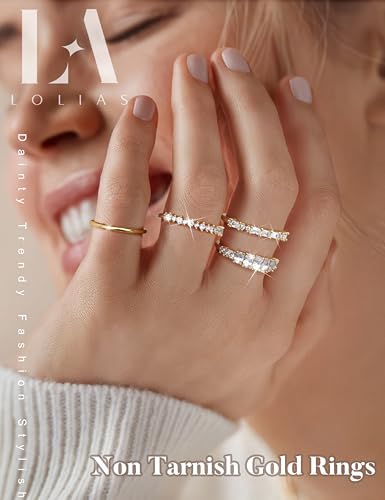 LOLIAS 14K Gold Plated Stackable Rings for Women Non Tarnish - Dainty Cubic Zirconia Wedding Bands Ring Set Minimalist Trendy Statement Engagement Promise Thumb Rings Stacking Size 5-10 - style: Sparkly-14K Gold Plated