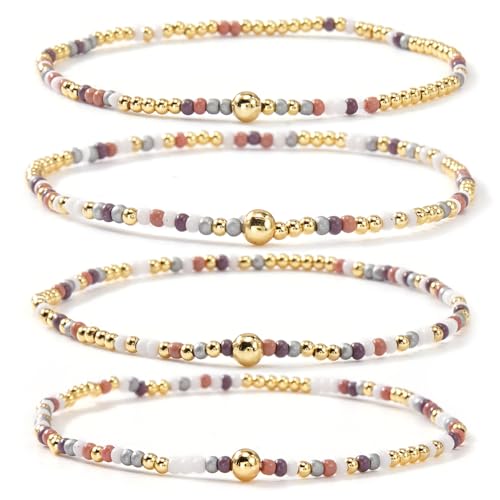 Boho 4Pcs Stack Colorful Small Seed Beaded Bracelets Set for Women, Cute Handmade Dainty Trendy Gold Plated Stretch Accessories Thin Glass Jewelry, Summer Daily Party Friendship Gift - color: Purple Gray