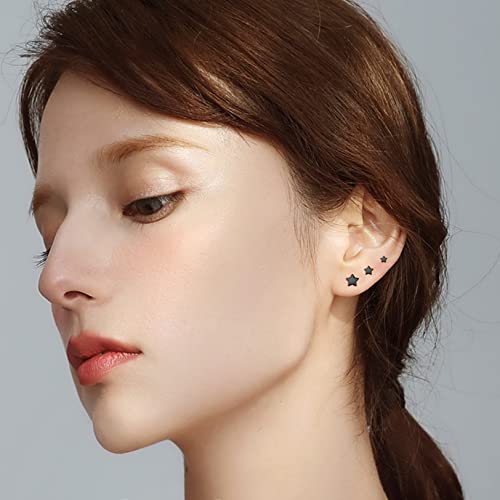3 Pairs 925 Sterling Silver Star Stud Earrings for Women,Tiny Simple Geometric Stud Earrings Set Small Hypoallergenic Cartilage Tragus Ear Jewellery for Men (3/4/5mm) - color: 11 Black-3Pairs-3/4/5mm