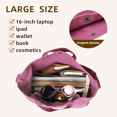 Canvas Tote Bag For Women inside out bag Crossbody Handbag with Adjustable Strap and Coin Purse for Work,Travel,Grocery - color: Pink