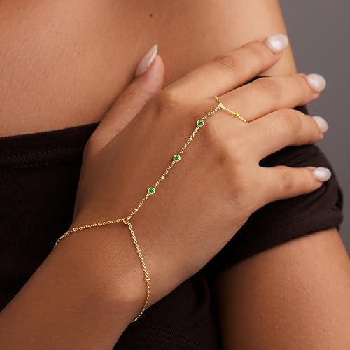Poxtex Waterproof 14K Gold Plated Hand Chain Bracelet for Women, Non Tarnish Hypoallergenic Beaded Finger Ring Bracelet with Cubic Zirconia, Dainty Minimalist Boho Indian Style Stackable Wrist Body Jewelry for Summer Festival Vacation - color: Green (St.