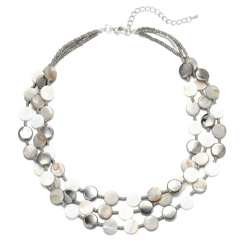 Noessla Layered Beaded Chunky Necklace for Women Boho Two-color Shell Statement Necklace Fashion Collar Costume Jewelry Gifts for Mum - color: White