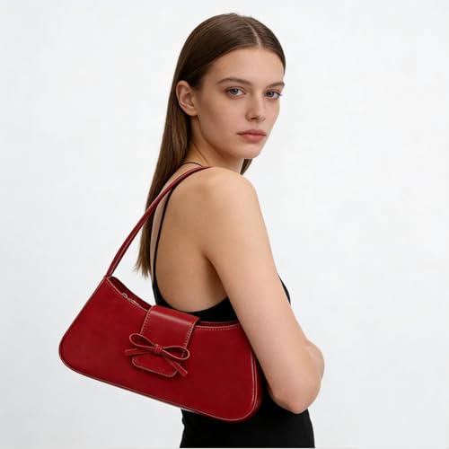 Shoulder Bags for Women Coquette Bow Purse Y2k Bag Small Cute Purses Mini Hobo Handbag Faux Leather Shoulder Purse - color: Red