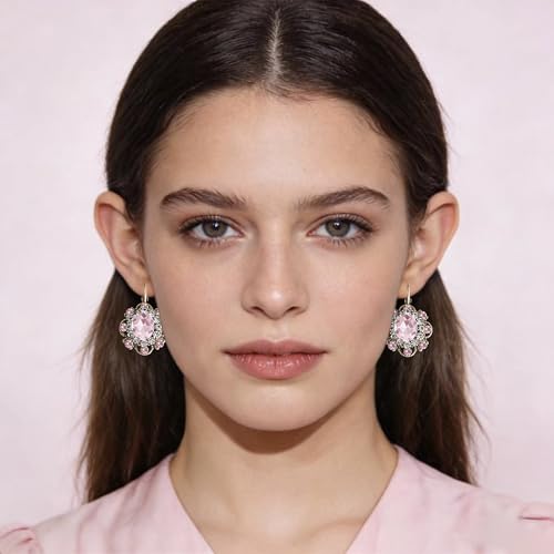 Handmade Bohemian Vintage Gold Sparkly Crystal Round Flower Leverback Earrings Cute Rhinestone Geometry Dangle Drop Earring for Women - color: Pink