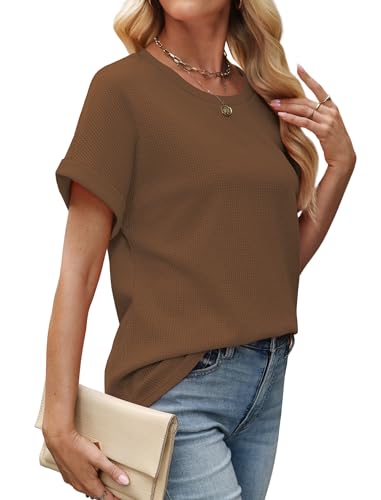 Sampeel Summer Tops for Women 2026 Trendy Rolled Short Sleeve Shirts Waffle Knit Crew Neck Tops Curved Hem Fashion Clothing - color: Classic Brown, size: Small