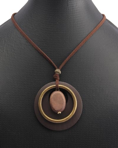GelConnie Leather Cord Necklace Chain Multilayer Wooden Pendant Necklaces Vintage Jewelry Boho Long Sweater Necklace for Women Men - color: Brown Wood Necklace