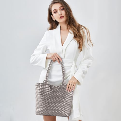 Hand Woven Bag Tote BagS For Women Top Handle Shoulder Vegan Leather Large Travel Beach Hobo Handbag - color: Silver Grey