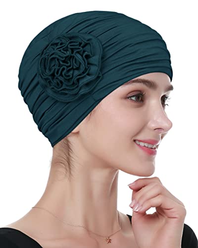 Alnorm Flower Design Chemo Hair Loss Caps Cancer Headwear for Women - color: Dark Green