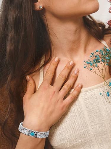Genuine Turquoise Bracelet Cuff Bracelet for Women Mom 925 Sterling Silver Natural Turquoise Bangles Vintage Bracelet Boho Jewelry for Birthday Christmas Mother's Day Valentine's Day - style: Flower and Leaf
