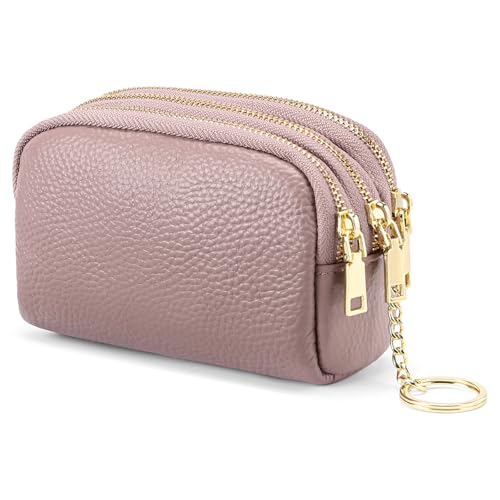 SENDEFN Small Coin Purse Leather 3 Zippered Change Pouch Wallet with Key Ring for Women - color: 1-Pink