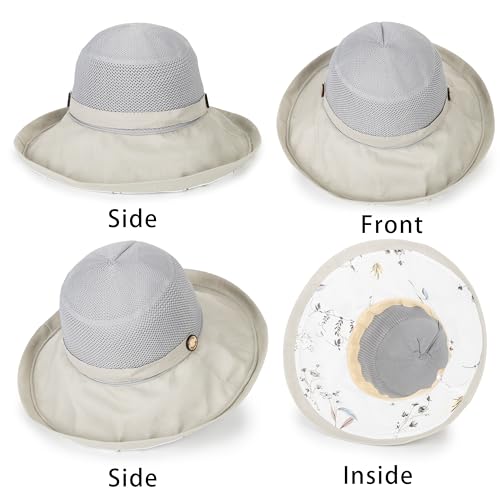 Women's-Mesh-Sun-Hats Wide-Brim Summer Beach Bucket Caps for Girls Outdoor-UV-Protection Foldable-Fishing-Hat Chin Strap - color: Gray