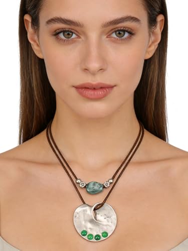 GelConnie Boho Necklaces for Women Cowgirl Necklace Stone Leather Cord Pendant Necklaces With Beads Long vintage Layered Choker Necklace - style: Green Boho Necklace