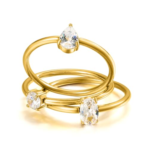 14K Gold Plated Stackable Rings for Women Non Tarnish - Dainty Cubic Zirconia Engagement Ring Set Colorful Birthstone Statement Promise Stacking Rings Size 6-9 - color: White