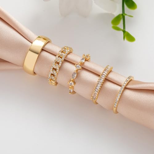 FUNEIA Stackable Gold Rings for Women Non Tarnish Trendy Dainty 14K Gold Plated Stacking Cubic Zirconia Thumb Ring Set Pack Statement Chunky Band Rings Promise Engagement Rings Size 7 8 9 10 11 - color: A-5Pcs Ring Set