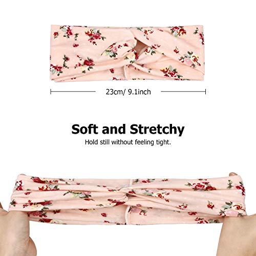 DRESHOW 6 Pack Boho Cotton Non-Slip Headbands for Women Girls Yoga Workout Running Knotted Turban Floral Elastic Head Wrap - color: 6 Pack Cross Flower Printed a
