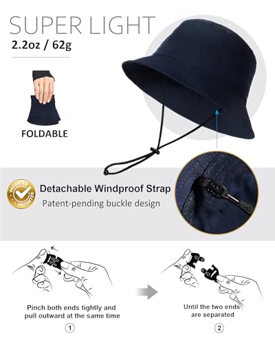 Water-Resistant Bucket Hat for Women Men Rain Hat UPF 50+ Boonie Sun Hat Foldable Summer Floppy Fishing Safari Hats - color: Navy Blue