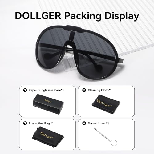Dollger Oversized One Piece Sunglasses For Women Fashion Men Wrap Around UV400 Shield Goggles - color: Black Frame Black Lenses